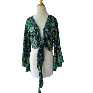 NWT CYN By Cynthia Mehra Blue OS Tie Front Wrap 100% Silk Paisley Angel Sleeves